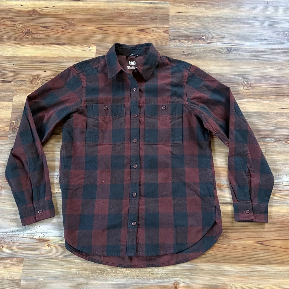 REI Co-op Mens Small Buffalo Plaid Flannel Shirt Burgundy Black Button Down